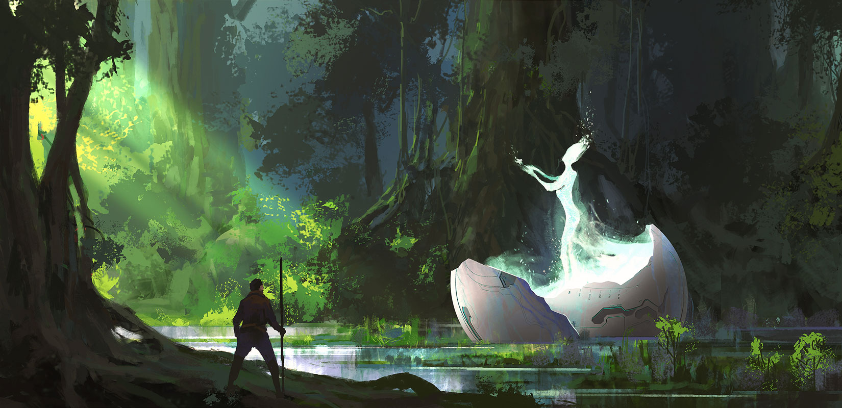 a man watching a strange creature and device