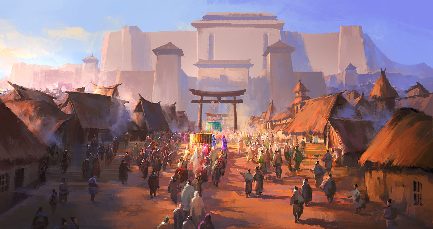 people walking through town